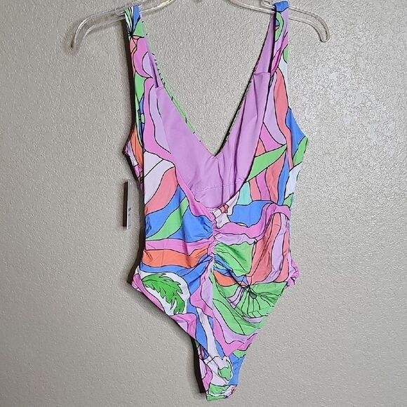 NWT Beach Joy Large Colorful Abstract One-Piece Swimsuit ruched V neck plunge - Picture 4 of 7